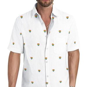Mens Denim and Flower Rainbow Heart Button Up, Small. Slim fit. Pride!